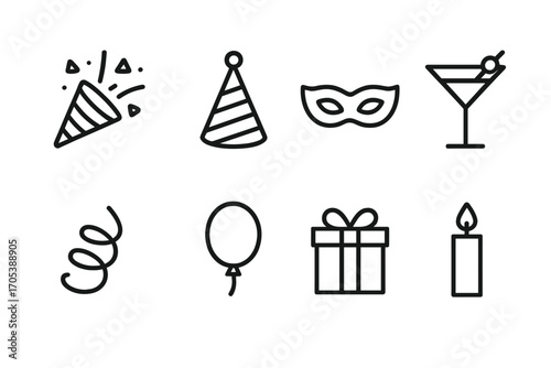 Party Icon Set. Outline icon set of party accessories: party popper, hat, mask, cocktail glass, streamer, balloon, gift, candle.
