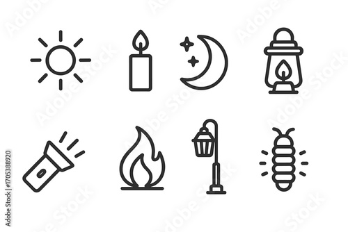 Natural Light Icons. Outline icon set of natural light sources: sunlight, candle flame, moon glow, lantern, flashlight beam, fire,