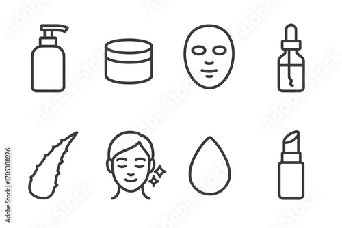 Skincare Icon Set. Outline icon set of smooth texture in skincare: lotion bottle, moisturizer jar, face mask, serum dropper, aloe