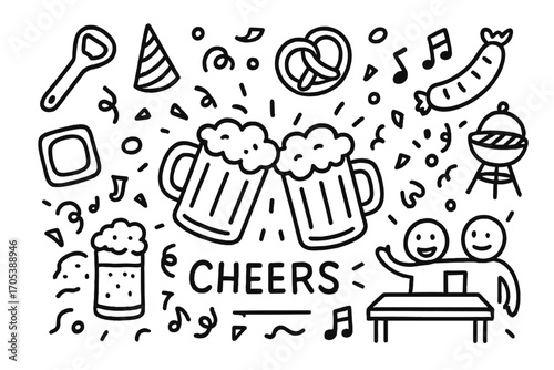 Beer Cheers Icons. Hand-drawn doodle illustration beer cheers gathering beer mug, clinking glasses, foam, bubbles, party hat,