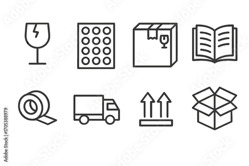 Fragile Shipment Icons. Outline icon set of fragile book shipment: fragile sticker, bubble wrap, secured package, open book,
