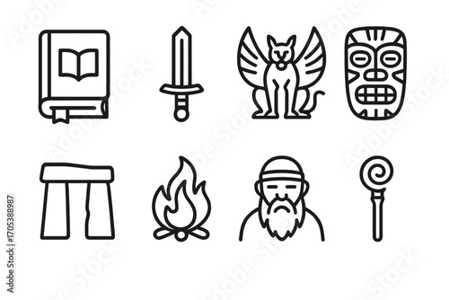 Mythic Icons Collection. Outline icon set of mythic heritage: folklore book, enchanted sword, mystical beast, tribal mask, ancient
