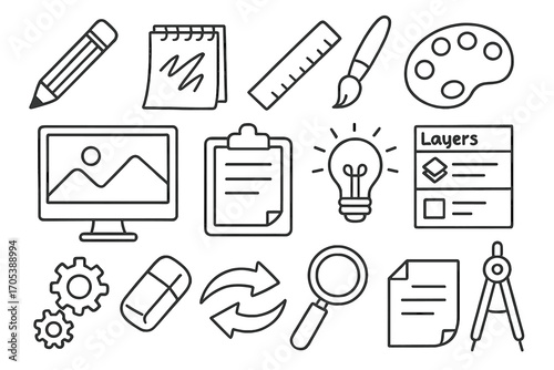 Creative Design Elements. Hand-drawn doodle illustration design example pencil, sketchbook, ruler, color palette, computer screen,