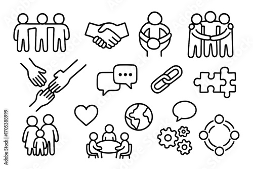 Unity and Cooperation Icons. Hand-drawn doodle illustration social unity and cooperation group of people, handshake, community