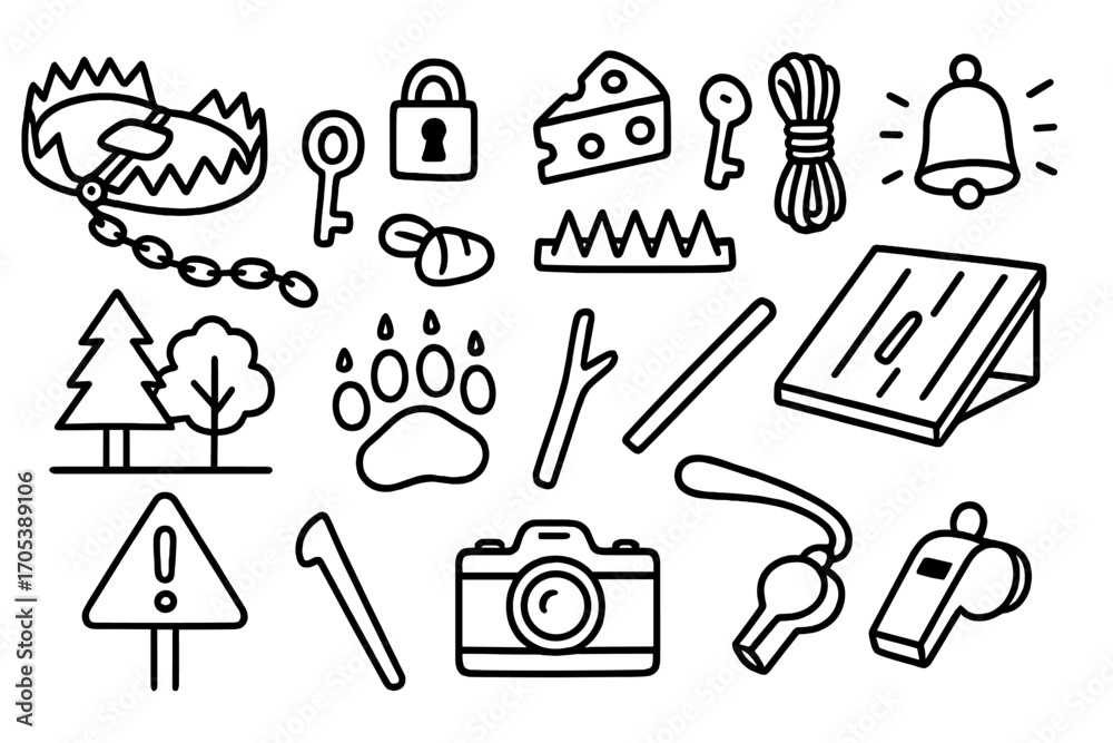 Fototapeta premium Bear Trap Elements. Hand-drawn doodle illustration bear trap bear trap, chain, lock, key, bait, spikes, rope, alarm, forest, paw