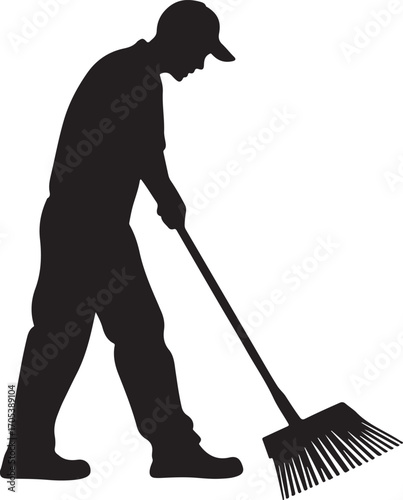 Sweeper Cleaning with Broom Silhouette on Transparent Background