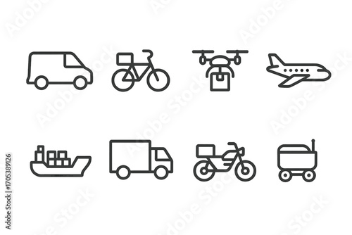 Delivery Icons Set. Outline icon set of delivery vehicle types: cargo van, bike courier, drone, airplane, cargo ship, truck,