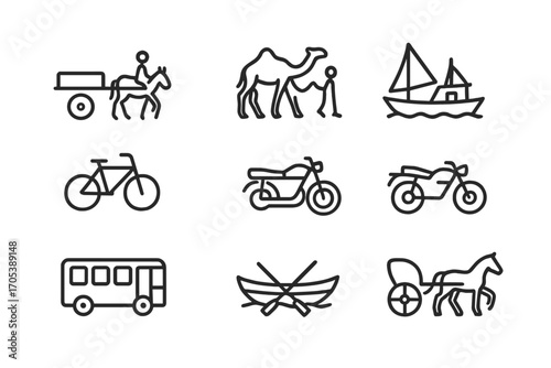 Sudanese Transport Icons. Outline icon set of Sudanese transportation: Donkey cart, Camel caravan, Fishing boat, Bicycle,
