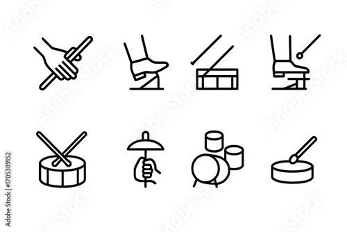 Electronic Drum Techniques Icons. Outline icon set of electronic drum playing techniques: stick grip, foot pedal press, rimshot