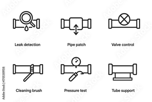 Tube Maintenance Icons. Outline icon set of tube maintenance and repair: leak detection, pipe patch, tube replacement, valve