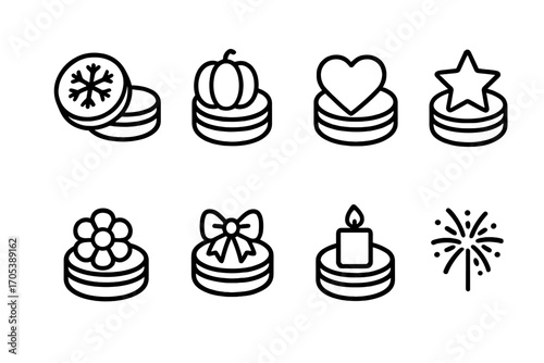Seasonal Balm Tin Icons. Outline icon set of balm tin seasonal and holiday editions: snowflake, pumpkin, heart, star, flower, gift