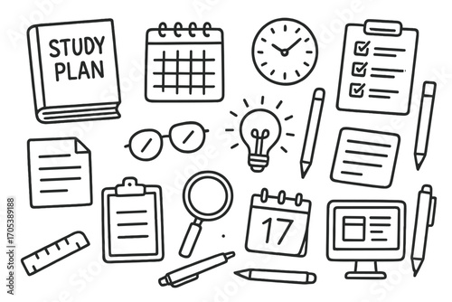 Study Tools Doodle. Hand-drawn doodle illustration study plan book, calendar, checklist, pencil, notebook, clock, light bulb,