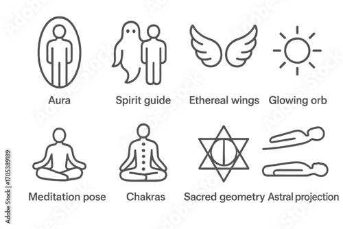 Spiritual Icon Set. Outline icon set of spiritual realm elements: aura, spirit guide, ethereal wings, glowing orb, meditation pose