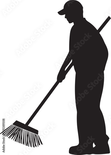 Sweeper Cleaning with Broom Silhouette on Transparent Background