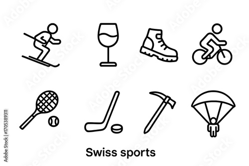Belgian Drinks & Swiss Sports. Outline icon set of Belgian beverages: beer mug, wine glass, coffee cup, mineral water bottle,