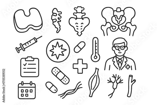 Coccyx Pain Relief Icons. Hand-drawn doodle illustration coccyx coccyx pain relief cushion, coccyx, pelvis, pain symbol, syringe,