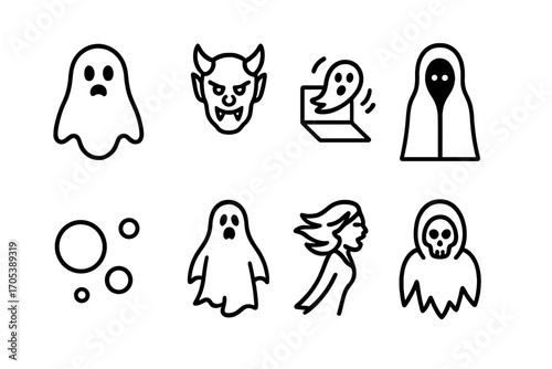 Supernatural Icon Set. Outline icon set of supernatural beings: ghost, demon, poltergeist, shadow figure, spirit orb, phantom,