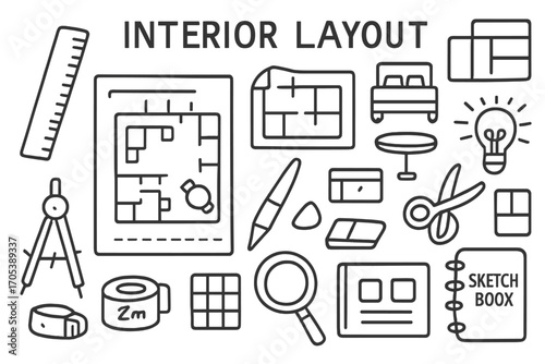 Doodle Interior Floor Plan. Hand-drawn doodle illustration interior layout floor plan, ruler, pencil, compass, blueprint,