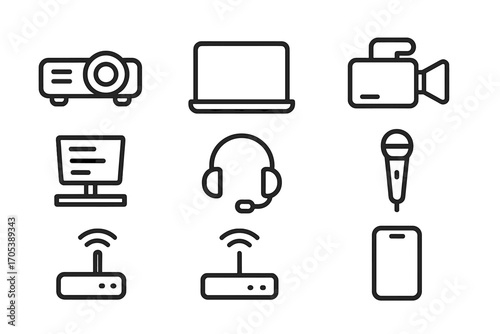Summit Technology Icons. Outline icon set of summit technology: projector, laptop, video camera, microphone, teleprompter, headset