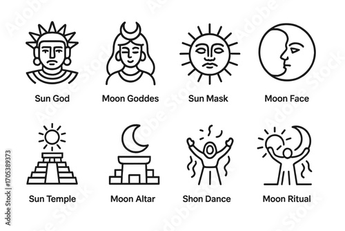 Sun and Moon Icons. Outline icon set of sun and moon in culture: sun god, moon goddess, sun mask, moon face, sun temple, moon