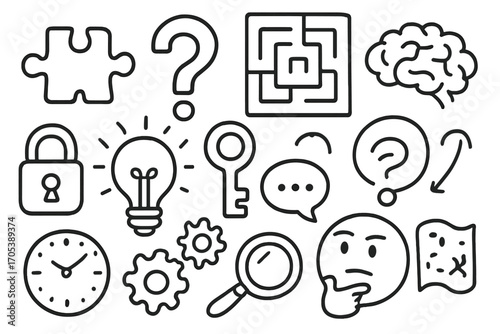 Puzzle of Thought. Hand-drawn doodle illustration conundrum puzzle piece, question mark, maze, light bulb, brain, key, lock,