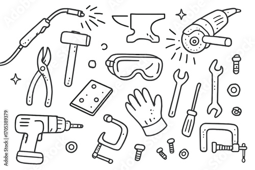 Metalworking Tools Doodle. Hand-drawn doodle illustration metalworking welding torch, hammer, anvil, grinder, pliers, metal sheet,