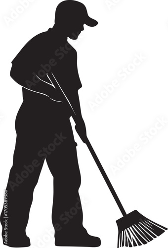 Sweeper Cleaning with Broom Silhouette on Transparent Background
