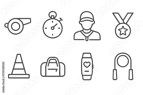 Sports Discipline Icons. Outline icon set of discipline in sports: whistle, stopwatch, coach, medal, training cone, gym bag,