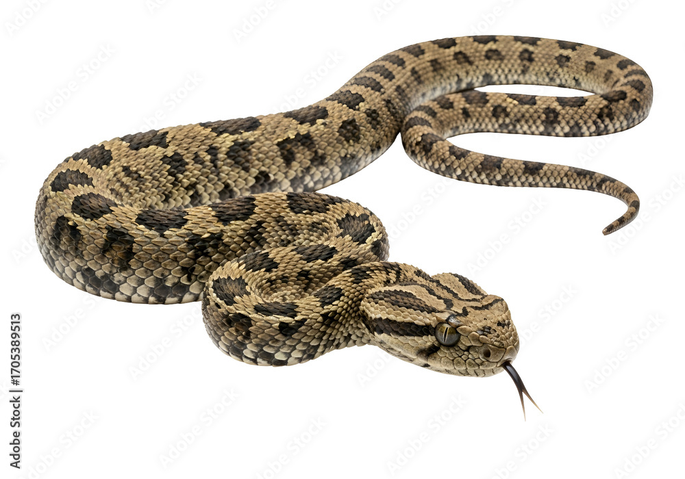 Fototapeta premium A full shot of a venomous snake, exhibiting intricate patterns and a striking contrast against a black backdrop.