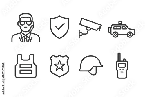 Presidential Security Icons. Outline icon set of presidential security: bodyguard, shield, security camera, armored car,