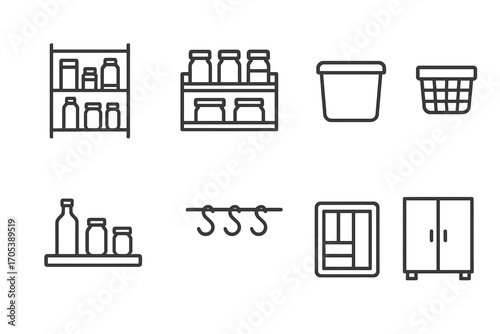 Kitchen Storage Icons. Outline icon set of kitchen storage solutions: pantry shelf, spice rack, food storage bin, basket,