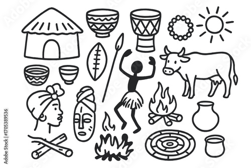 Botswana Cultural Icons. Hand-drawn doodle illustration Botswanan culture traditional hut, basket, drum, bead necklace, shield,