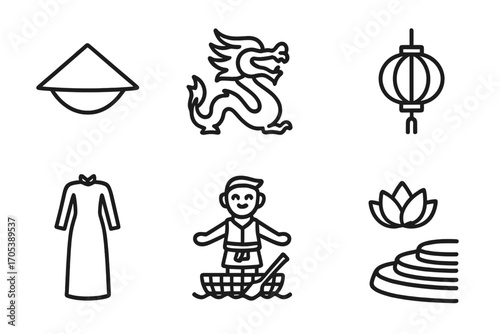 Vietnamese Culture Icons. Outline icon set of Vietnamese culture: conical hat, dragon, lotus flower, lantern, ao dai dress, water