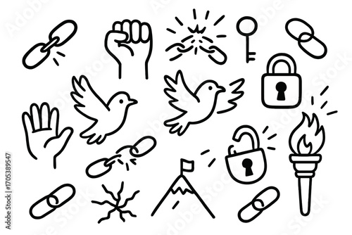 Breaking Free Symbols. Hand-drawn doodle illustration Emancipation and breaking chains broken chain, clenched fist, hand breaking