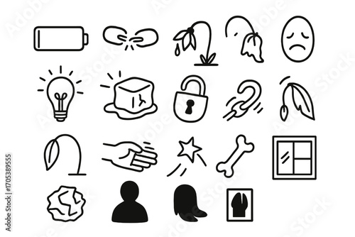 Symbols of Frustration. Hand-drawn doodle illustration loss of power empty battery, broken chain, cracked glass, wilting flower,