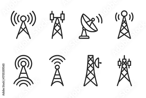 Communication Towers Icons. Outline icon set of communication towers: radio antenna, cell tower, satellite dish, broadcasting