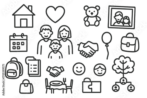 Foster Family Doodle. Hand-drawn doodle illustration foster family care family, children, house, heart, toys, school bag, calendar