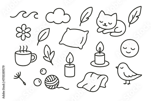 Calm Graceful Icons. Hand-drawn doodle illustration calming softness gentle wave, soft cloud, feather, flower, leaf, pillow,