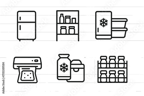 Grocery Storage Icons. Outline icon set of grocery storage: refrigerator, pantry shelf, freezer, food containers, vacuum sealer,