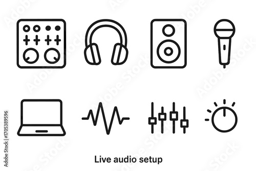 Live Audio Icon Set. Outline icon set of live audio setup: DJ mixer, headphones, speaker, microphone, laptop, waveform, equalizer,