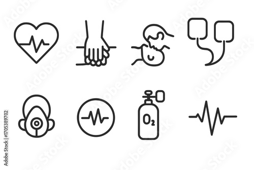 CPR and First Aid Icons. Outline icon set of CPR and resuscitation: heart with pulse, CPR hands, mouth-to-mouth, defibrillator