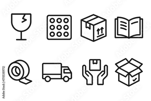Fragile Shipment Icons. Outline icon set of fragile book shipment: fragile sticker, bubble wrap, secured package, open book,