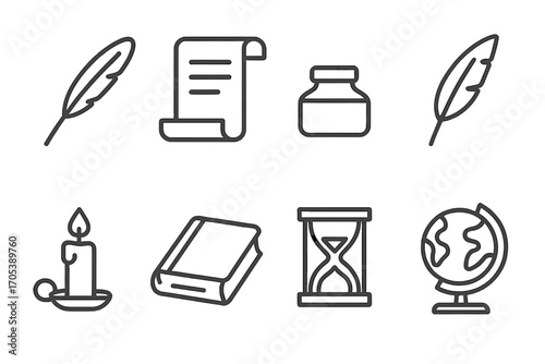 Classic and Digital Icons. Outline icon set of classic literature motifs: quill, parchment, inkpot, feather, candle, old book,