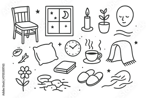 Silent Spaces, Infertile Soil. Hand-drawn doodle illustration silent spaces empty chair, window, candle, plant, soft pillow,
