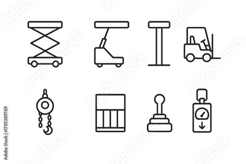 Industrial Lift Icons. Outline icon set of industrial lifts: scissor lift, hydraulic lift, platform lift, lift truck, chain hoist,