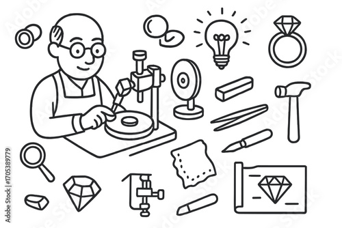 Gemstone Crafting Tools. Hand-drawn doodle illustration gemstone craftsman faceting machine, loupe, polishing wheel, magnifying