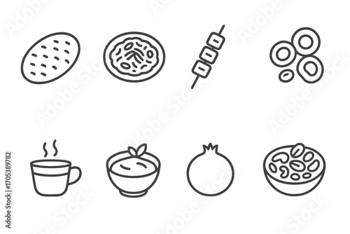 Cultural Cuisine Icon Set. Outline icon set of Afghan food and drink: naan bread, kabuli pulao, kebab skewer, dried fruit, chai