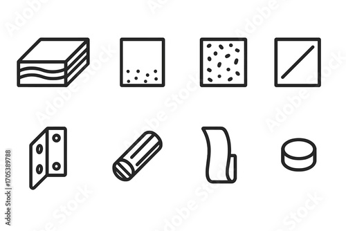 Flat Pack Materials Icons. Outline icon set of flat pack materials: plywood sheet, MDF board, particle board, plastic panel, metal