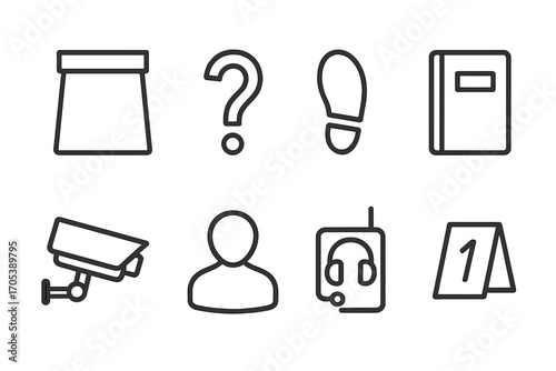 Investigation Icon Set. Outline icon set of investigation process: evidence bag, question mark, footprint, dossier, surveillance