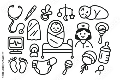 Newborn's First Checkup Icons. Hand-drawn doodle illustration newborn’s first medical check stethoscope, thermometer, baby blanket